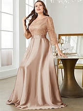 cheap YELLOW-A-Line Evening Gown Elegant Dress Formal Wedding Floor Length 3/4 Length Sleeve Crew Neck Satin with Pleats