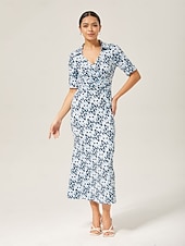 economico Abiti floreali-Per donna Femminile Vestito Casual Abito Midi Eco Green sabbia calda Blu Manica Corta Geometrico Estate Scollo a V Stampa XS S M