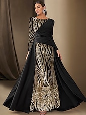 billiga BLÅ-Black Tie Sjöhästar  Trumpet Kvällsklänning Paljett Glittrande Klänning Formell Bröllop Golvlängd Lång Ärmar Båt Nacke Satin med Plisseringar
