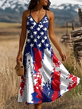 cheap Independence Day Dress-Women&#039;s Patriotic  Maxi Dress A Line Dress Slip Dress Vacation Casual Daily Holiday Regular Fit Graphic American Flag Sleeveless V Neck Spaghetti Strap