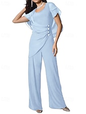 abordables Combinaisons pour maman-Combinaison cape / tailleur-pantalon robe mère de la mariée élégante simple minimaliste col rond longueur au sol mousseline manches courtes avec boutons en cristal 2025