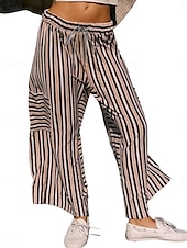 abordables pierna ancha y cintura alta-Mujer Perneras anchas Chinos Moda Ropa de calle Longitud total Alta cintura A Rayas Bolsillo Cintura elástica Estampado Confortable Suave Cómodo Microelástico Exterior Calle Azul Naranja Marrón Verde