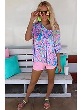 billige Blomster t-skjorte-Dame Boho skjorte Blomstret Grafisk Abstrakt Årgang Stilfull Klassisk Kortermet V-hals Vanlige topper Daglig Trykt mønster Rosa Lilla Fuksia Grønn Sommer Vår