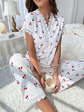 economico Top e pantaloni pigiama da donna-Per donna Set Pigiama Casual Comfort Floreale Farfalla Patchwork Elastico in vita Camicia Pantalone Casa Quotidiano Manica Corta Scollo a V Rosa chiaro Bianco Rosa Rosso Estate Primavera Vestibilit