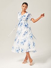abordables Robes fleuries élégantes-robe longue en mousseline délavée à fleurs bleues