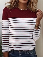 ieftine Tricou cu dungi și geometric-Pentru femei Tricou Dungi De Bază Manșon Lung Rotund Topuri obișnuite Zilnic Sfârșit de săptămână Imprimeu Negru Alb Roșu-aprins Albastru piscină Gri Toamna iarna