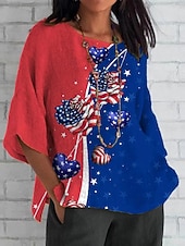  Uavhengighetsdagen Patriotiske Kvinne Bluse Lin Lignende Grafisk Flagg Bohemia Vintage Tropisk 3/4 Lengde Ermer Rund Hals Vanlige Topper Daglig Ferie Ferie Slitasje Trykk Rød Blå Grå Sommer Vår