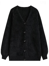 abordables Cardigans et vêtements d&#039;extérieur-Femmes Pull Cardigan Mode Couleur Unie Côtelé Col en V Tricoté manche longue Hauts Réguliers Tricoter Fête Sortir Week-end Noir Gris foncé Hiver