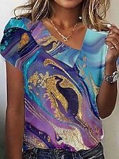 billige Kvinnenes Kunst &amp; Design Topper-Dame Bluse Grafisk Marmortrykk Elegant Stilfull Fritid Kortermet Asymmetrisk Vanlige topper Daglig Ferie Knapper Lilla Oransje Grønn Sommer