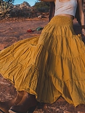 abordables Jupes unies-Femmes Jupe Évasé Occasionnel Maxi Taille Basse Jupes Uni Froncé Micro-Élastique Vacances Rue Noir Blanche Jaune Vert Véronèse Automne Coton