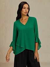 abordables Hauts habillés-Femmes Chemisier Hauts en mousseline de soie Couleur Unie Élégant Manche 3/4 Manche Volants Col en V Hauts Réguliers robe demoiselle d honneur Travail Quotidien A Volants Ourlet asymétrique Vert Ét