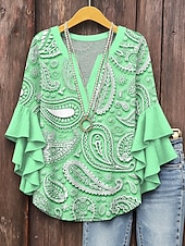billige Kvinne Boho Topper-Dame Bluse Grafisk Paisly Daglig Stilfull Fritid 3/4 ermer V-hals Vanlige topper Daglig Ferie Ferieklær Trykt mønster Blå Lilla Grønn Kakifarget Sommer Vår