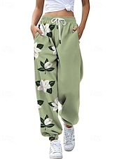 abordables pantalones cargo de mujer-Mujer pantalones Corte Recto Ropa de calle Casual Longitud total Cintura Media Flor Bolsillo Estampado Diseño de cordón elástico Al Aire Libre Cómodo Exterior Noche Gris Amarillo Rosa Verde Ejército