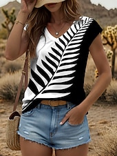 economico Top in tessuto a righe e geometrico-Canotta da donna con stampa geometrica a righe, vintage, elegante, casual, senza maniche, scollo a V, normale, da giorno, in bianco e nero, estate