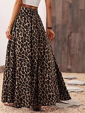 billiga Grafiska kjolar-Dam Kjol A-linje Mode Ledigt Maxi Hög midja Kjolar Leopard Mönster Microelastisk Gata Dagligen Leopard Sommar Polyester