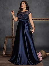 baratos AZUL-A-Line Vestidos Plus Size Elegante Vestido de Curvas Formal Casamento Comprimento do Chão Sem Mangas Decote Redondo Cetim com Plissados 2025