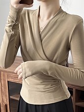 abordables Hauts Unis pour Femmes-Femmes Chemisier Uni Moderne Occasionnel manche longue Col en V Hauts Réguliers Quotidien Fête Froncé Noir Blanche Marron clair Automne