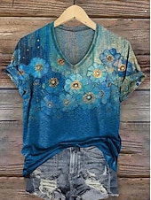 abordables T-shirt floral-Femmes T-shirt Fleuri Graphique Plantes ancien Mode Hawaïen Manche Courte Col en V Hauts Réguliers Quotidien Sortir Week-end Imprimé Jaune Rose Claire Bleu Violet Orange Été Printemps