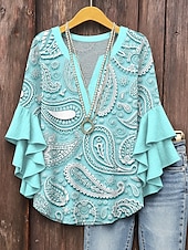 billige Kvinne Boho Topper-Dame Bluse Grafisk Paisly Daglig Stilfull Fritid 3/4 ermer V-hals Vanlige topper Daglig Ferie Ferieklær Trykt mønster Blå Lilla Grønn Kakifarget Sommer Vår