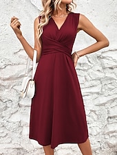 abordables Robe blanche-Femmes Robe Midi Robe trapèze Robe d&#039;été Occasionnel Quotidien Coupe régulière Uni Sans manches Col en V Noir Vin Gris Été