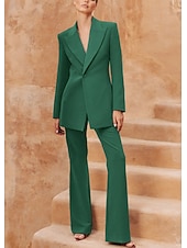 preiswerte Hosenanzüge für Mama-Burghundy Zweiteiliges Hosenanzug Brautmutterkleid Elegant Minimalistisch Lässig Revers Bodenlang Langarm mit Knöpfen