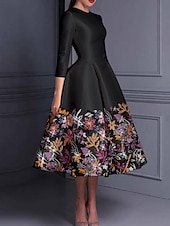 abordables Robes de cocktail-Robe cocktail élégante en A brodée floral robe formelle mariage longueur cheville manches longues col crew satin avec fente