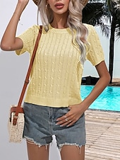 billige Solide farger-Dame Genser Fritid Helfarge Tykk Crew-hals Strikket Kort Erme Vanlige topper Strikke Daglig Ferie Ut på byen Hvit Gul Sommer