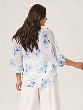 お買い得  シャツ、トップス、ブラウス-女性用 女性 カジュアルシャツ 花 カジュアル スカイブルー 五分袖 エレガント 旅行度假风 Ｖネック 夏 季節の変わり目