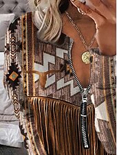 levne Boho topy-Dámské Halenka Geometrický Denní Geleneksel Dlouhý rukáv Tričkový Běžné topy Denní Jdeme ven Tisk Čtvrtletní zip Hnědá Jaro Podzim