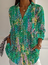 economico Top d&#039;Arte e Design per Donne-Per donna Camicia Floreale Attivo Quotidiano Elegante Manica Lunga Colletto a Camicia Top Regolari Quotidiano Ferie Bottoni Stampato Rosso Blu Fucsia Verde Primavera Autunno
