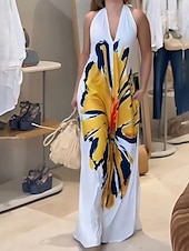 abordables Robes Floraux Imprimés-Femmes Robe Longue Maxi Robe Robe Imprimée Classique Moderne Extérieur Vacances Sortir Coupe régulière Fleur Sans manches Col Halter Blanche Été