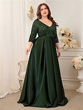 preiswerte GRÜN-A-Linie Plus-Size Kleider Elegantes Kurvenkleid Formelle Hochzeit Bodenlänge 3/4 Länge Ärmel V-Ausschnitt Satin mit Pailletten