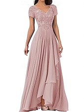 abordables Longueur du plancher-Ligne A Robe de Mère de Mariée  Élégant Simple Col en V Longueur au sol Chiffon Manche Courte avec Couleur Unie 2025