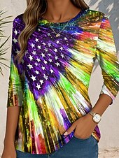 levne Den nezávislosti Top-Dámské patriotické tričko grafika vlajka abstraktní vintage stylové klasické kulatý výstřih běžné topy každodenní potisk modrá fialová zelená podzim