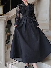preiswerte Bodenlänge-A-Linie Brautmutter Kleid Eleganter Hemdkragen Knöchellang Polyester Langarm mit Spitze Gurt  Band