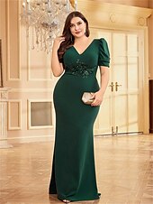 cheap BLUE-Mermaid / Trumpet Plus Size Dresses Elegant Curve Dress Formal Wedding Floor Length Short Sleeve V Neck Polyester with Appliques