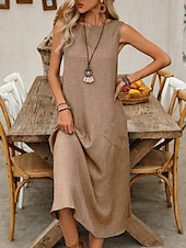 preiswerte Weißes Kleid-Damen Maxikleid A Linie Kleid Sommerkleid Lässig Täglich Normale Passform Einfach Ärmellos Rundhalsausschnitt Wein Blau Braun Grün Sommer
