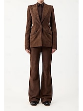 abordables Costumes-pantalons pour maman-Combinaison deux pièces / tailleur-pantalon en faux daim pour mère de la mariée, ensemble blazer élégant, vintage, simple, col en V, revers en pointe, détails de couture, longueur au sol, extensible,