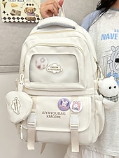 tanie Plecaki dla dzieci i nastolatków-dziewczęcy plecak szkolny w kolorze makaroników - wodoodporny, o dużej pojemności, z ozdobnymi szpilkami, brelokiem w kształcie pluszowego misia i wieloma kieszeniami, odpowiedni dla nastoletnich uczennic i do codziennego użytku na uczelni