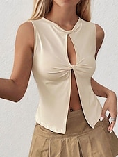 billige Vest-Dame Bluse عادي Moderne Fritid Ermeløs Crew-hals Vanlige topper Daglig Ferie Utskjæring Aprikos Sommer