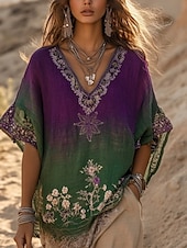 economico Tops Boho-camicetta da donna in stile western, stile boho, con fiori, moderna e casual, manica a 3/4, scollo a V, top normali, per tutti i giorni, per le vacanze, per uscire, stampa viola, estate e autunno.
