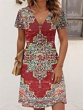 tanie Sukienki boho-Damskie Sukienka mini Sukienka t-shirtowa Sukienka letnia Urlop Codzienny Boho Wyjściowe Regularny Graficzny W Tureckie Wzory Krótki rękaw W serek Czarne złoto jesion Czarny Czerwony Lato Wiosna