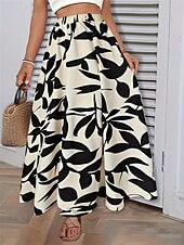 billiga Grafiska kjolar-Dam Kjol A-linje Mode Ledigt Maxi Hög midja Kjolar Trä / löv Ficka Mönster Elastisk Gata Dagligen Vit Grön Sommar Polyester
