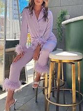 billige Søvnoverdeler og -nederdeler for kvinner-Dame Pyjamas Sett Fritid Komfort Ren farge Elastisk midje Fjær Skjorte Bukse Hjem Daglig Langermet Skjortekrage Svart Hvit Rosa Rød Blå Sommer Vår Høst Normal