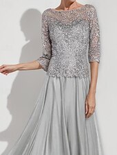economico Lunghezza del pavimento-Linea ad A Abito da cerimonia per signora Elegante Semplice Minimalista Scollo a Barca Lunghezza al pavimento Chiffon Mezza Manica con Pizzo 2025