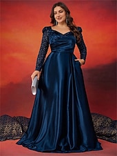 billiga BLÅ-A-Linje Plus Size Klänningar Elegant Curve Klänning Formell Bröllop Golvlängd Långärmad Hjärta Satin med Fållar 2025