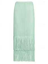 abordables Jupes unies-Femmes Ample Élégant ancien Mode Midi Taille Moyenne Jupes Frange à pompons Froncé Élastique Vacances Quotidien Aqua bleu Noir Vert Claire Rose Claire Été Polyester