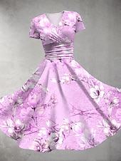 ieftine Rochii florale-Pentru femei Rochii Midi Rochie de vară Rochie Fit And Flare Petrecere Casual Zilnic Concediu Fit regulat Floral Grafic Manșon scurt În V Roz Îmbujorat Albastru piscină Mov Trifoi Vară