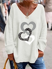 billige Kunst &amp; Design t-skjorte-Dame Bluse Hjerte Stilfull Fritid Langermet V-hals Vanlige topper Daglig Trykt mønster Svart Hvit Rosa Oransje Grønn Sommer Vår Høst