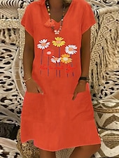 abordables Robes Bohémiennes-Femmes Robe Midi Robe en lin Robe Décontractée Robe bohème Robe Imprimée Élégant Mode Classique Manches bouffantes Vacances Fête Robe d&#039;Automne Coupe régulière Fleuri Marguerite Manche Courte Col en V